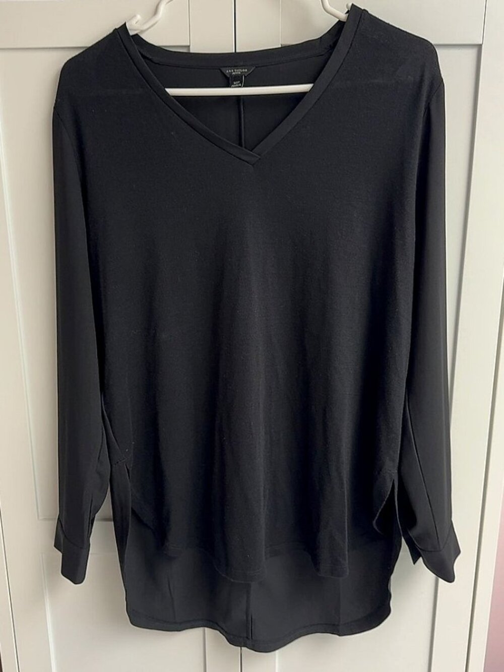 Ann Taylor Petite Black V-Neck Mixed-Media Blouse, Size MP